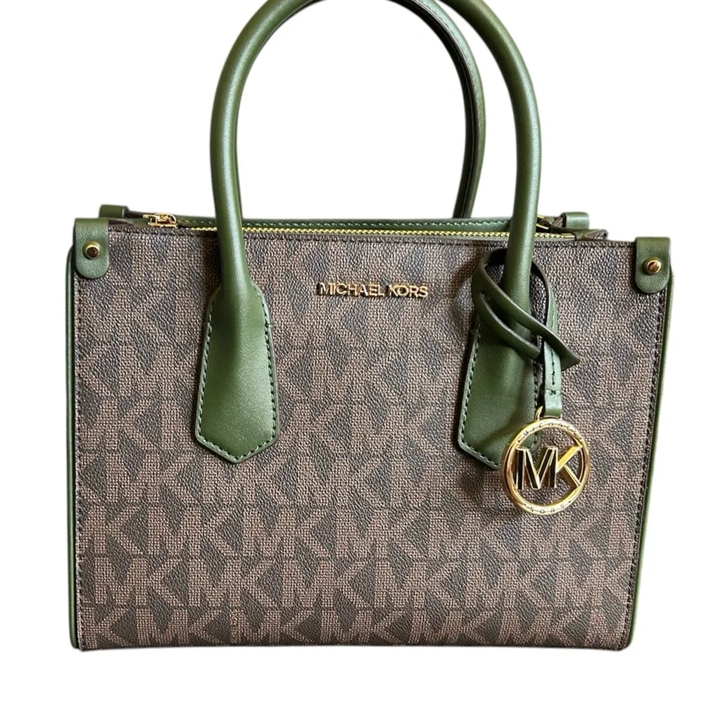 MICHAEL KORS Brown MK Logo Satchel with Olive Green Trim and Gold Hardware